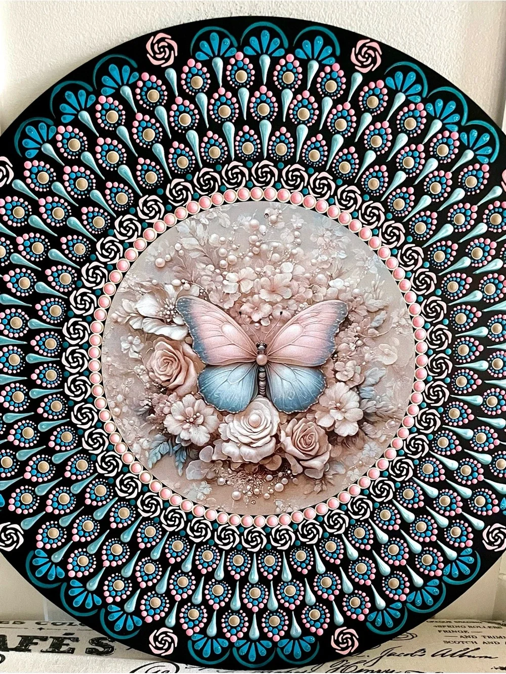 Hand-Painted Pink & Blue Butterfly Floral Wall Art on 16 inch wood round